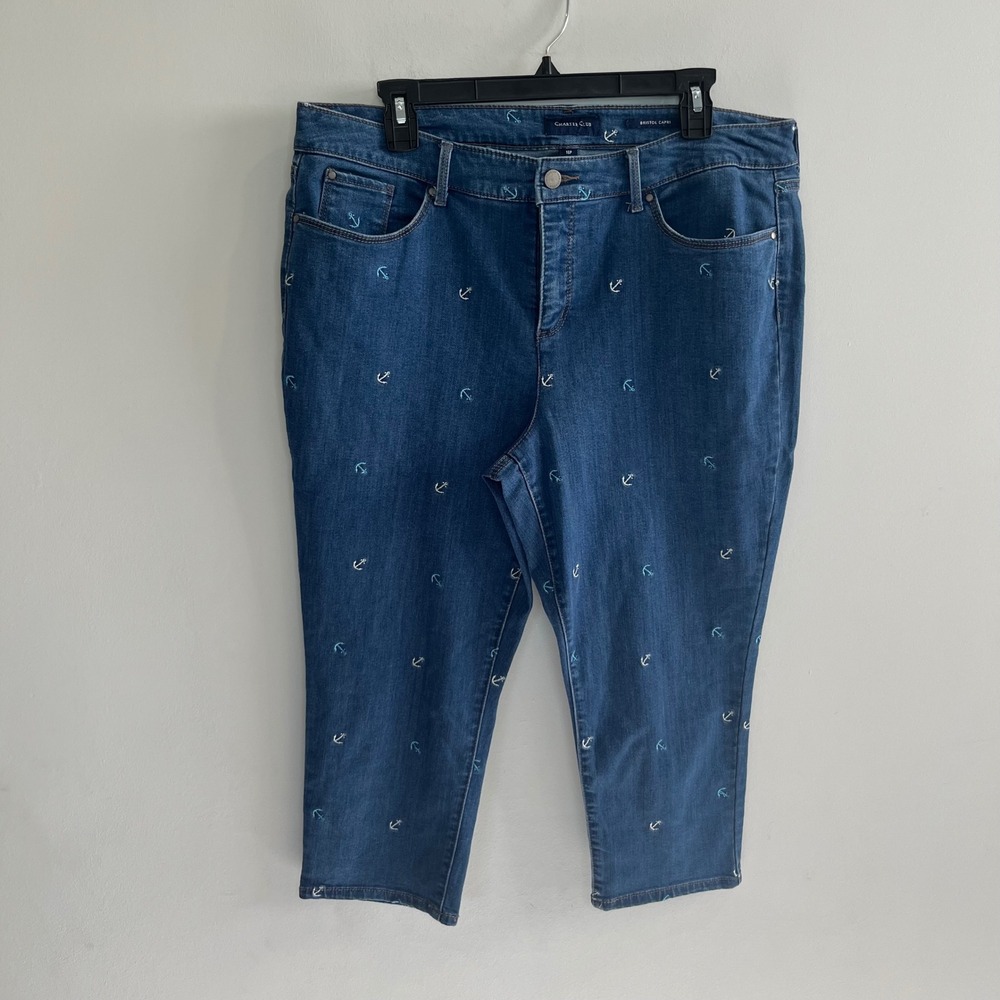 Charter Club Bristol Capri Jeans 16P Blue Anchor Embroidered Nautical Cropped